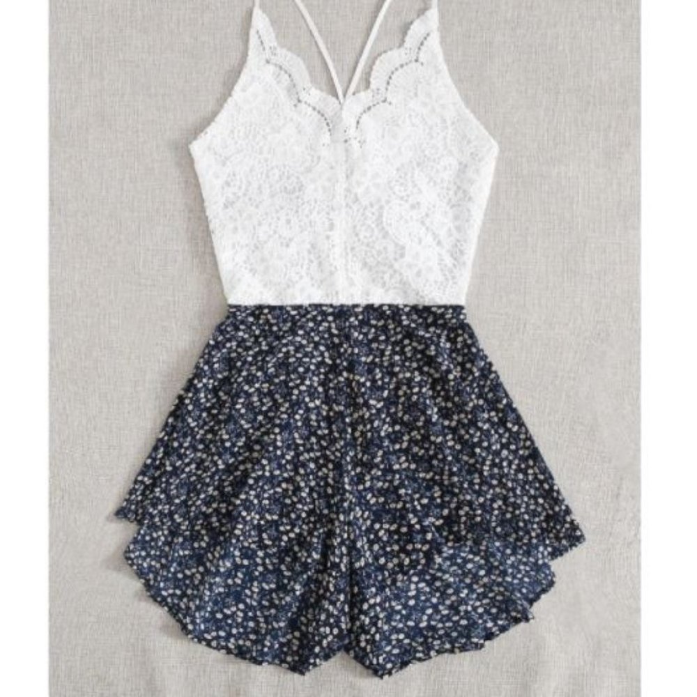 Ditsy Floral Contrast Lace Tie Back Cami Romper